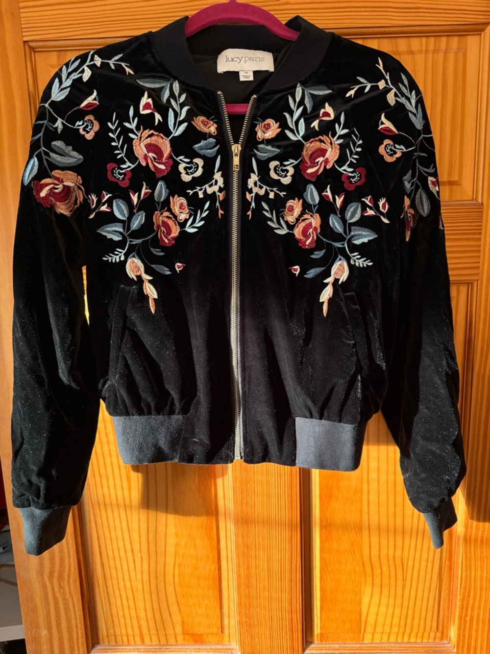 Lucy Paris Black Velvet Bomber Jacket with Multicolor Floral Embroidery